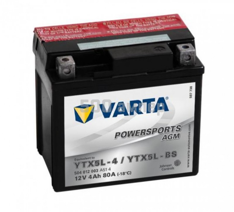 Аккумулятор VARTA Moto AGM 4 Ah 80A  YTX5L-BS/TX5L-BS (504 012 008) 36840